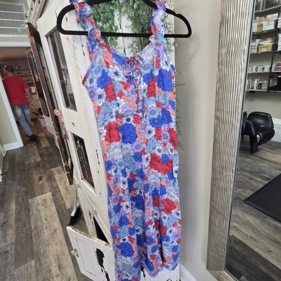 Japna Small Blue Red Floral Dress W Slit Bold Patriotic Y2k Flowy Ruffle Midi - Picture 1 of 4